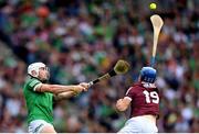 3 July 2022; Aaron Gillane of Limerick in action against Johnny Coen of Galway during the GAA Hurling All-Ireland Senior Championship Semi-Final match between Limerick and Galway at Croke Park in Dublin. Photo by Stephen McCarthy/Sportsfile