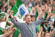 3 July 2022; A Limerick supporter celebrates a score during the GAA Hurling All-Ireland Senior Championship Semi-Final match between Limerick and Galway at Croke Park in Dublin. Photo by Stephen McCarthy/Sportsfile
