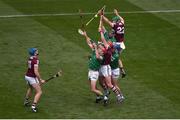 3 July 2022; Limerick players, left to right, Barry Nash, Mike Casey, and Diarmaid Byrnes in action against Galway players, left to right, Conor Cooney, Conor Whelan, and Cinan Fahy during the GAA Hurling All-Ireland Senior Championship Semi-Final match between Limerick and Galway at Croke Park in Dublin. Photo by Daire Brennan/Sportsfile