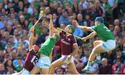 3 July 2022; Sean Finn and Mike Casey, right, of Limerick in action against Conor Whelan, left, and Brian Concannon of Galway during the GAA Hurling All-Ireland Senior Championship Semi-Final match between Limerick and Galway at Croke Park in Dublin. Photo by Stephen McCarthy/Sportsfile