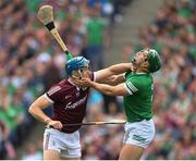 3 July 2022; Conor Cooney of Galway and Sean Finn of Limerick during the GAA Hurling All-Ireland Senior Championship Semi-Final match between Limerick and Galway at Croke Park in Dublin. Photo by Stephen McCarthy/Sportsfile