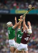 3 July 2022; Kyle Hayes, left, and Conor Boylan of Limerick in action against Darren Morrissey of Galway during the GAA Hurling All-Ireland Senior Championship Semi-Final match between Limerick and Galway at Croke Park in Dublin. Photo by Stephen McCarthy/Sportsfile