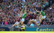 3 July 2022; Sean Finn and Mike Casey, right, of Limerick in action against Conor Whelan, left, and Brian Concannon of Galway during the GAA Hurling All-Ireland Senior Championship Semi-Final match between Limerick and Galway at Croke Park in Dublin. Photo by Stephen McCarthy/Sportsfile