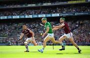 3 July 2022; Sean Finn of Limerick in action against Brian Concannon of Galway during the GAA Hurling All-Ireland Senior Championship Semi-Final match between Limerick and Galway at Croke Park in Dublin. Photo by Stephen McCarthy/Sportsfile