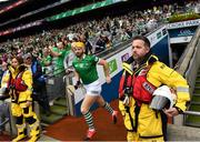 3 July 2022; Lifeboat volunteers Damien Payne and Jen Harris at the tunnel as Limerick players run out as the Volunteer Lifeboat crew from around Ireland promote the RNLI’s drowning prevention partnership with the GAA on the pitch at Croke Park during the GAA Hurling All-Ireland Senior Championship Semi-Final between Limerick and Galway. Photo by David Fitzgerald/Sportsfile