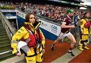 3 July 2022; Lifeboat volunteers Jen Harris and Damien Payne at the tunnel as Galway players run out as the Volunteer Lifeboat crew from around Ireland promote the RNLI’s drowning prevention partnership with the GAA on the pitch at Croke Park during the GAA Hurling All-Ireland Senior Championship Semi-Final between Limerick and Galway. Photo by David Fitzgerald/Sportsfile