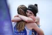 3 July 2022; Orlaith Mannion of South Galway A.C. congratulates her club mate Amy Rose Kelly after she finished third in the Girl's U16's 80m Hurdles during day one of the Irish Life Health National Juvenile Track and Field Championships at Tullamore in Offaly. Photo by George Tewkesbury/Sportsfile