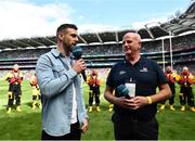3 July 2022; Antrim hurler Neil McManus, left and Coxswain Paddy McLaughlin along with the Volunteer Lifeboat crew from around Ireland promote the RNLI’s drowning prevention partnership with the GAA on the pitch at Croke Park during the GAA Hurling All-Ireland Senior Championship Semi-Final between Limerick and Galway. Photo by David Fitzgerald/Sportsfile