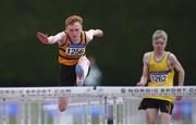 3 July 2022; Anthony Goggin, left, of Leevale A.C. competing in the Boy's U15 80m Hurdles during day one of the Irish Life Health National Juvenile Track and Field Championships at Tullamore in Offaly. Photo by George Tewkesbury/Sportsfile