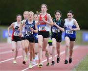 3 July 2022; Faye Mannion of Ennis Track A.C., centre, leading the field while competing in the Girl's U14's 800m during day one of the Irish Life Health National Juvenile Track and Field Championships at Tullamore in Offaly. Photo by George Tewkesbury/Sportsfile