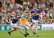 3 July 2022; Leigh Kavanagh of Offaly in action against Sam O'Farrell of Tipperary during the Electric Ireland GAA Hurling All-Ireland Minor Championship Final match between Tipperary and Offaly at UPMC Nowlan Park, Kilkenny. Photo by Matt Browne/Sportsfile