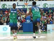 3 July 2022; Taiwo Badmus, left, and Aidan Harris Igiehon of Ireland during the FIBA EuroBasket 2025 Pre-Qualifier First Round Group A match between Ireland and Switzerland at National Basketball Arena in Dublin. Photo by Ramsey Cardy/Sportsfile