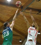 3 July 2022; Jonathan Kazadi of Switzerland in action against Will Hanley of Ireland during the FIBA EuroBasket 2025 Pre-Qualifier First Round Group A match between Ireland and Switzerland at National Basketball Arena in Dublin. Photo by Ramsey Cardy/Sportsfile