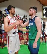 3 July 2022; Arnaud Cotture of Switzerland and Jordan Blount of Ireland after the FIBA EuroBasket 2025 Pre-Qualifier First Round Group A match between Ireland and Switzerland at National Basketball Arena in Dublin. Photo by Ramsey Cardy/Sportsfile