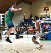3 July 2022; Selim Fofana of Switzerland in action against CJ Fulton of Ireland during the FIBA EuroBasket 2025 Pre-Qualifier First Round Group A match between Ireland and Switzerland at National Basketball Arena in Dublin. Photo by Ramsey Cardy/Sportsfile