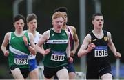3 July 2022; Frank Buchanan of Enniskillen R.C., centre, and Sean Behan of Naas A.C. leading the field while competing in the Boy's U17's 800m during day one of the Irish Life Health National Juvenile Track and Field Championships at Tullamore in Offaly. Photo by George Tewkesbury/Sportsfile