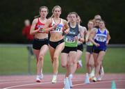 3 July 2022; Emma Moore of Galway City Harriers A.C. leading the field while competing in the Girl's 800m during day one of the Irish Life Health National Juvenile Track and Field Championships at Tullamore in Offaly. Photo by George Tewkesbury/Sportsfile