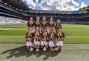 2 July 2022; The Kilkenny team, back row, left to right, Sally Ryan, Scoil Eoin Naofa, Ballymore, Mullingar, Westmeath, Roisín Doyle, St. Anne's Rathangan, Rathanagan, Duncormick, Wexford, Casey Coleman, St Brigids Blackwater, Enniscorthy, Wexford, Orlaith Benham, St Fiachras SNS Montrose Park, Beaumont, Dublin, Sarah Hamilton, Our Lady's & St Mochua's PS, Derrynoose Road, Derrynoose, Armagh, front row, left to right, Colleen Byrne, St Aidan's NS, Kilmanagh, Kilkenny, Niamh Ní Chearnaigh, Scoil Aonghusa Geata an Domhnaigh, Droichead Átha, Lú, Jenna Uyanik, Kildalkey NS, Kildalkey, Meath, Chloe Horan, Kilmessan Mixed NS Kilmessan, Meath, Molly Hickey, Queen of the Universe NS Long Range, Bagenalstown, Carlow, ahead of the INTO Cumann na mBunscol GAA Respect Exhibition Go Games at half-time of the GAA Hurling All-Ireland Senior Championship Semi-Final match between Kilkenny and Clare at Croke Park in Dublin. Photo by Daire Brennan/Sportsfile