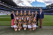 2 July 2022; Uachtarán Chumann Lúthchleas Gael Larry McCarthy, Chairperson of Cumann na mBunscol Mairead O'Callaghan, left, and Bernie Ryan representing the mini-games, with the Kilkenny team, back row, left to right, Sally Ryan, Scoil Eoin Naofa, Ballymore, Mullingar, Westmeath, Roisín Doyle, St. Anne's Rathangan, Rathanagan, Duncormick, Wexford, Casey Coleman, St Brigids Blackwater, Enniscorthy, Wexford, Orlaith Benham, St Fiachras SNS Montrose Park, Beaumont, Dublin, Sarah Hamilton, Our Lady's & St Mochua's PS, Derrynoose Road, Derrynoose, Armagh, front row, left to right, Colleen Byrne, St Aidan's NS, Kilmanagh, Kilkenny, Niamh Ní Chearnaigh, Scoil Aonghusa Geata an Domhnaigh, Droichead Átha, Lú, Jenna Uyanik, Kildalkey NS, Kildalkey, Meath, Chloe Horan, Kilmessan Mixed NS Kilmessan, Meath, Molly Hickey, Queen of the Universe NS Long Range, Bagenalstown, Carlow, ahead of the INTO Cumann na mBunscol GAA Respect Exhibition Go Games at half-time of the GAA Hurling All-Ireland Senior Championship Semi-Final match between Kilkenny and Clare at Croke Park in Dublin. Photo by Daire Brennan/Sportsfile