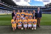 2 July 2022; Uachtarán Chumann Lúthchleas Gael Larry McCarthy, Chairperson of Cumann na mBunscol Mairead O'Callaghan, left, and Bernie Ryan representing the mini-games, with the Clare team, back row, left to right, Caitlin Clarke, St Mary's NS, Crosserlough, Cavan, Amy Rogers, Fuerty NS, Castlecoote, Roscommon, Grace Gannon, Gaelscoil De hÍde, Cnoc na Cruibe, Br. Na Gaillimhe, Roscomáin, Caragh Guckian, Leitrim NS, Leitrim Village Leitrim, front row, left to right, Cara McGrath, St Mary’s Kircubbin, Church Grove, Kircubbin Down, Eimear Maguire, St Mary's PS, Teemore Rd, Teemore, Fermanagh, Annie Fox-McGlone, Carrickmore, Rockstown Rd, Carrickmore, Tyrone, Rose Quinn, St. John's Swatragh, Moneysharvin Rd, Swatragh Derry, Cliodhna Moore, St Brigid's PS Mayogall, Mayogall Rd, Magherafelt Derry, ahead of the INTO Cumann na mBunscol GAA Respect Exhibition Go Games at half-time of the GAA Hurling All-Ireland Senior Championship Semi-Final match between Kilkenny and Clare at Croke Park in Dublin. Photo by Daire Brennan/Sportsfile