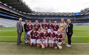 3 July 2022; Leas-Uachtarán Chumann Lúthchleas Gael John Murphy, Cumann na mBunscol Chairperson Mairéad O'Callaghan, Uachtarán an Cumann Camógaíochta Hilda Breslin, Mini-games representative Bernie Ryan, with the Galway team, back row, left to right, Erin May McCabe, Dromin NS, Dunleer, Louth, Lucy Cullen, St Michael's NS, Glenfarne, Leitrim, Molly O'Neill, St Vincent de Paul GNS, Marino, Dublin, Isabelle Lambert, St Brigid's NS, Castleknock, Dublin, Shona Gilsenan, St Feichin's NS, Fore, Westmeath, front row, left to right, Tara McCabe, Scoile Mhuire, Tullybrack, Monaghan, Ellie Roberts, St Brigid's, Clonegal, Carlow, Eimear McGaghey, St Mary's PS, Bellanaleck, Fermanagh, Gráinne Doherty, St John Bosco Ballynease PS, Antrim, ahead of the INTO Cumann na mBunscol GAA Respect Exhibition Go Games before the GAA Hurling All-Ireland Senior Championship Semi-Final match between Limerick and Galway at Croke Park in Dublin. Photo by Daire Brennan/Sportsfile