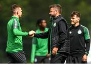 4 July 2022; Sporting director Stephen McPhail, shakes hands with Andy Lyons during a Shamrock Rovers training session at Roadstone Group Sports Club in Dublin. Photo by Harry Murphy/Sportsfile