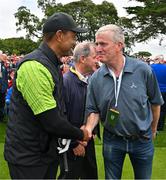 4 July 2022; Tiger Woods of USA, left, and Limerick hurling manager John Kiely shake hands alongside businessman JP McManus, centre, during day one of the JP McManus Pro-Am at Adare Manor Golf Club in Adare, Limerick. Photo by Eóin Noonan/Sportsfile