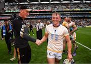 2 July 2022; Kilkenny manager Brian Cody shakes hands with Mikey Butler of Kilkenny after their side's victory in the GAA Hurling All-Ireland Senior Championship Semi-Final match between Kilkenny and Clare at Croke Park in Dublin. Photo by Harry Murphy/Sportsfile