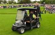 4 July 2022; Tiger Woods of USA sits in his golf buggy during day one of the JP McManus Pro-Am at Adare Manor Golf Club in Adare, Limerick. Photo by Ramsey Cardy/Sportsfile