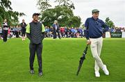 4 July 2022; Tiger Woods of USA, left, and Limerick hurler Gearóid Hegarty during day one of the JP McManus Pro-Am at Adare Manor Golf Club in Adare, Limerick. Photo by Eóin Noonan/Sportsfile