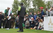 4 July 2022; A spectator shares a joke with Tiger Woods of USA at the teebox on the fourth during day one of the JP McManus Pro-Am at Adare Manor Golf Club in Adare, Limerick. Photo by Eóin Noonan/Sportsfile