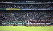 3 July 2022; Galway and Limerick players stand for the playing of the National Anthem before the GAA Hurling All-Ireland Senior Championship Semi-Final match between Limerick and Galway at Croke Park in Dublin. Photo by Stephen McCarthy/Sportsfile