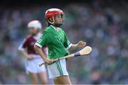 3 July 2022; Ava Falconer, Christ the King PS, Omagh, Tyrone, representing Limerick, during the INTO Cumann na mBunscol GAA Respect Exhibition Go Games during the GAA Hurling All-Ireland Senior Championship Semi-Final match between Limerick and Galway at Croke Park in Dublin. Photo by Stephen McCarthy/Sportsfile