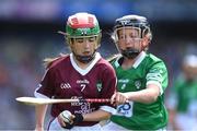 3 July 2022; Ellie Roberts, St Brigid's, Clonegal, Carlow, representing Galway, and Erica Power, Bunscoil na Toirbhirte, Mitchelstown, Cork, representing Limerick, during the INTO Cumann na mBunscol GAA Respect Exhibition Go Games during the GAA Hurling All-Ireland Senior Championship Semi-Final match between Limerick and Galway at Croke Park in Dublin. Photo by Stephen McCarthy/Sportsfile