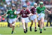 3 July 2022; Aoife Callaghan, Craigtown NS, Carndonagh, Donegal, representing Galway, with Erica Power, Bunscoil na Toirbhirte, Mitchelstown, Cork, left, and Jennifer Kennedy, Ballinree, Nenagh, Tipperary, both representing Limerick, during the INTO Cumann na mBunscol GAA Respect Exhibition Go Games during the GAA Hurling All-Ireland Senior Championship Semi-Final match between Limerick and Galway at Croke Park in Dublin. Photo by Stephen McCarthy/Sportsfile