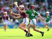 3 July 2022; Isabelle Lambert, St Brigid's NS, Castleknock, Dublin, representing Galway, and Erica Power, Bunscoil na Toirbhirte, Mitchelstown, Cork, representing Limerick, during the INTO Cumann na mBunscol GAA Respect Exhibition Go Games during the GAA Hurling All-Ireland Senior Championship Semi-Final match between Limerick and Galway at Croke Park in Dublin. Photo by Stephen McCarthy/Sportsfile