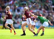 3 July 2022; Isabelle Lambert, St Brigid's NS, Castleknock, Dublin, representing Galway, and Erica Power, Bunscoil na Toirbhirte, Mitchelstown, Cork, representing Limerick, during the INTO Cumann na mBunscol GAA Respect Exhibition Go Games during the GAA Hurling All-Ireland Senior Championship Semi-Final match between Limerick and Galway at Croke Park in Dublin. Photo by Stephen McCarthy/Sportsfile