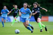4 July 2022; Alannah McEvoy of Peamount United in action against Aoife Brophy of DLR Waves during the SSE Airtricity Women's National League match between DLR Waves and Peamount United at UCD Bowl in Belfield, Dublin. Photo by George Tewkesbury/Sportsfile