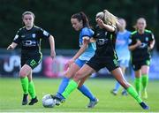 4 July 2022; Aine O'Gorman of Peamount United in action against Nadine Clare, right, and Aoife Brophy of DLR Waves during the SSE Airtricity Women's National League match between DLR Waves and Peamount United at UCD Bowl in Belfield, Dublin. Photo by George Tewkesbury/Sportsfile