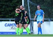4 July 2022; Sarah McKevitt of DLR Waves, left, celebrates with teammate Nadine Clare after scoring her side's first goal during the SSE Airtricity Women's National League match between DLR Waves and Peamount United at UCD Bowl in Belfield, Dublin. Photo by George Tewkesbury/Sportsfile