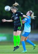 4 July 2022; Katie Mooney of DLR Waves in action against Erin McLaughlin of Peamount United during the SSE Airtricity Women's National League match between DLR Waves and Peamount United at UCD Bowl in Belfield, Dublin. Photo by George Tewkesbury/Sportsfile