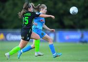 4 July 2022; Carla McManus of DLR Waves in action against Tara O'Hanlon of Peamount United during the SSE Airtricity Women's National League match between DLR Waves and Peamount United at UCD Bowl in Belfield, Dublin. Photo by George Tewkesbury/Sportsfile