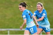 4 July 2022; Dearbhaile Beirne of Peamount United, left, celebrates with teammate Erin McLaughlin after scoring her side's equalising goal during the SSE Airtricity Women's National League match between DLR Waves v Peamount United at UCD Bowl in Belfield, Dublin. Photo by George Tewkesbury/Sportsfile
