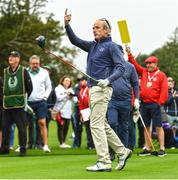 5 July 2022; Former jockey Ruby Walsh celebrates his drive on the first tee box during day two of the JP McManus Pro-Am at Adare Manor Golf Club in Adare, Limerick. Photo by Eóin Noonan/Sportsfile