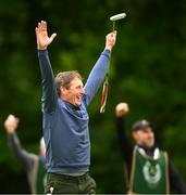 5 July 2022; Horse racing trainer and former jockey Johnny Murtagh reacts to a birdie putt on the 13th green by team-mate Danny Willett of England, not pictured, on during day two of the JP McManus Pro-Am at Adare Manor Golf Club in Adare, Limerick. Photo by Ramsey Cardy/Sportsfile