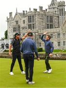 5 July 2022; Former jockey Johnny Murtagh celebrates an eagle putt on the 15th green with Danny Willett of England, left, during day two of the JP McManus Pro-Am at Adare Manor Golf Club in Adare, Limerick. Photo by Ramsey Cardy/Sportsfile