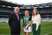 5 July 2022; In attendance, from left, Event sponsor Martin Donnelly, Antrim Camogie player Roisin McCormack and President of the Camogie Association Hilda Breslin during the launch of the M. Donnelly GAA Poc Fada All-Ireland finals launch at Croke Park in Dublin. Photo by David Fitzgerald/Sportsfile