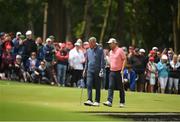 5 July 2022; Padraig Harrington of Ireland and former footballer Alan Hansen line up a putt on the 1st hole during day two of the JP McManus Pro-Am at Adare Manor Golf Club in Adare, Limerick. Photo by Eóin Noonan/Sportsfile