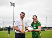 5 July 2022; Meath Na Boinne captain Faye Corcoran accepts the shield from LGFA president Micheál Naughton during the LGFA National Under 17 Player Development Programme Festival Day at the GAA National Games Development Centre in Abbotstown, Dublin. Photo by David Fitzgerald/Sportsfile