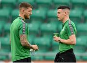 5 July 2022; Gary O'Neill, right, and Lee Grace of Shamrock Rovers before the UEFA Champions League 2022/23 First Qualifying Round First Leg match between Shamrock Rovers and Hibernians at Tallaght Stadium in Dublin. Photo by Stephen McCarthy/Sportsfile